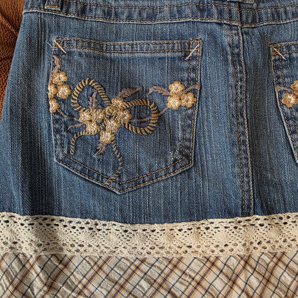 Vtg Y2K Candie's Denim Plaid Asymmetrical Lace Trim Handkerchief Midi Skirt - Picture 7 of 13